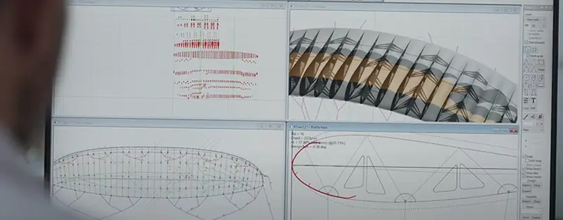 Programa de diseño con varias vistas de un velamen de planeo: celdas, plano de suspentes y sección del perfil