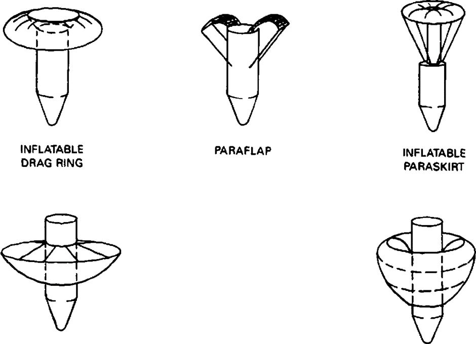 Bocetos de deceleradores hinchables sobre un cuerpo de proyectil: anillo de resistencia hinchable, paraflap, faldón hinchable y dos diseños cónicos