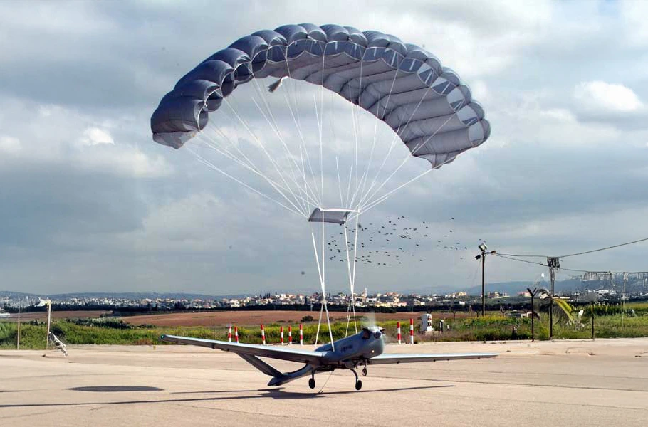 Fixed-Wing-UAV am Ram-Air-Schirm über der Landefläche