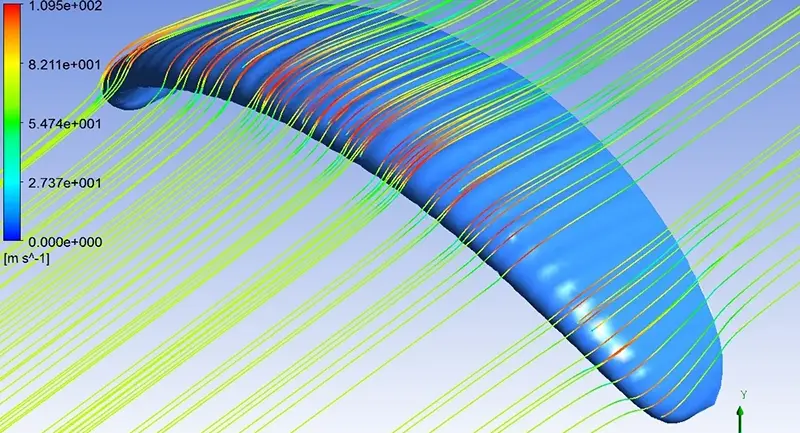 Simulazione di flusso: linee di corrente della velocità attorno a una vela da parapendio