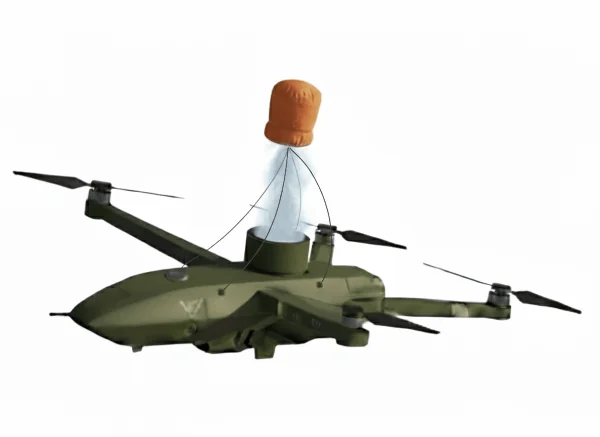 Ilustración: aire comprimido expulsa la bolsa del paracaídas del compartimento de un multirrotor