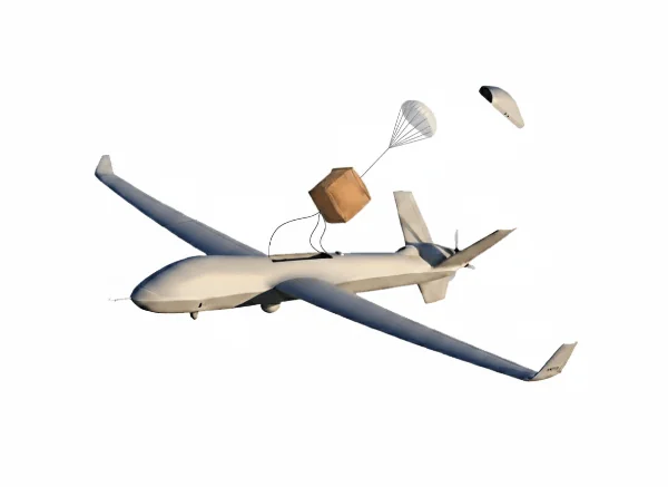 Ilustración: un pequeño pilotillo extractor saca la bolsa del paracaídas de un dron de ala fija
