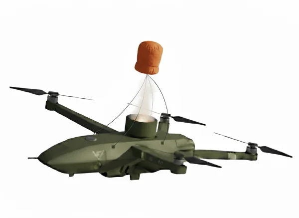 Ilustración: bolsa de paracaídas expulsada por vía pirotécnica del compartimento de un multirrotor