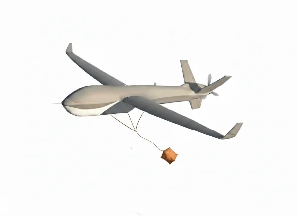 Ilustración: dron de ala fija que suelta al flujo de aire una bolsa de paracaídas sujeta a una brida