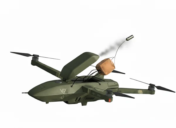 Ilustración: un proyectil disparado extrae la bolsa del paracaídas de un multirrotor con la escotilla abierta