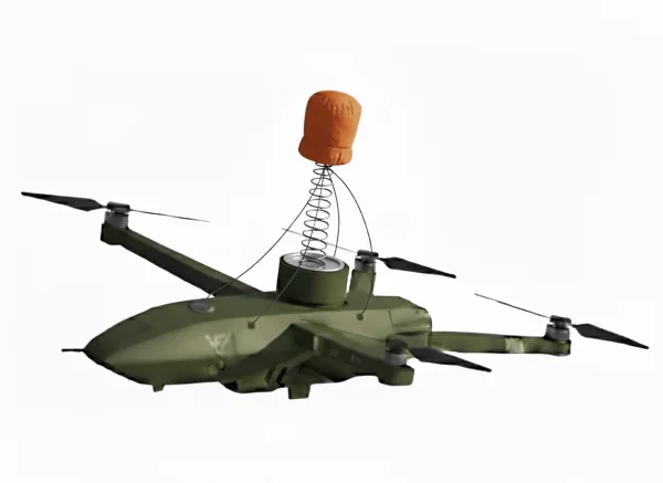 Renderizado de un multirrotor verde oliva con un resorte que empuja hacia arriba un paquete de paracaídas naranja fuera del cuerpo