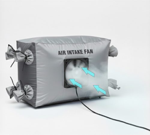 Airbag grigio con ventola integrata sulla presa d'aria e cavo di alimentazione