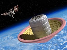 Renderizado de una cápsula espacial con un decelerador hinchable desplegado sobre la Tierra