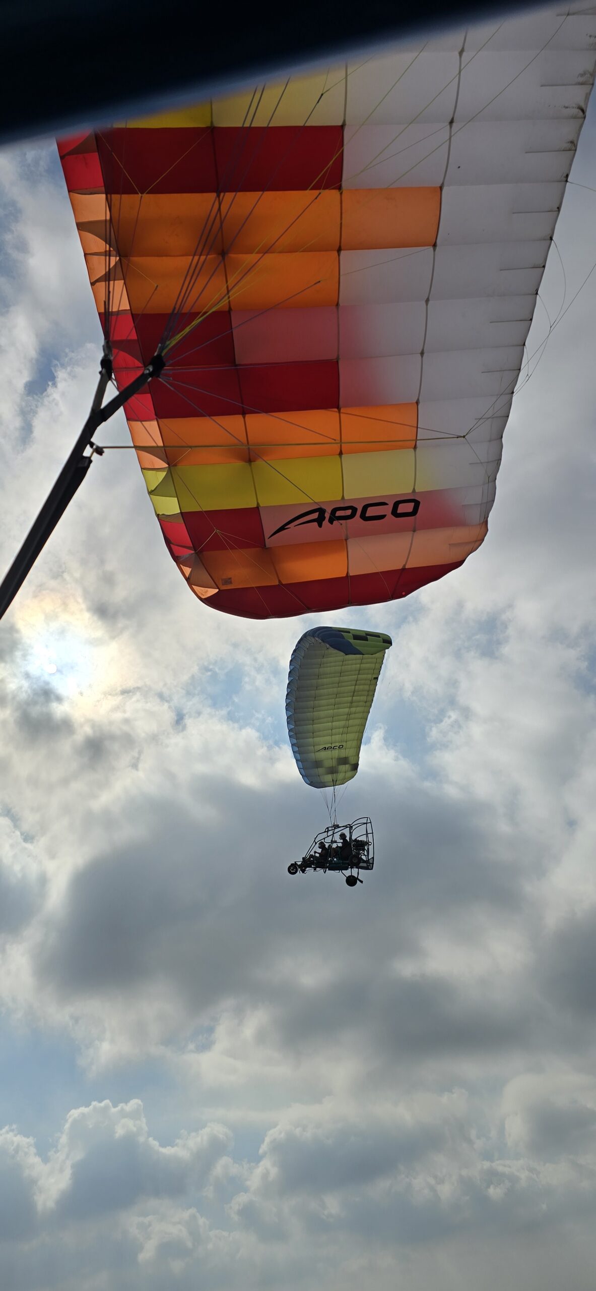Vista dal basso di una vela APCO, con un altro paracarrello in volo nel cielo nuvoloso al di sotto